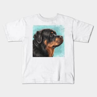 Painting of an Adorable Rottweiler from the Side, Light Blue Spattered Background Kids T-Shirt